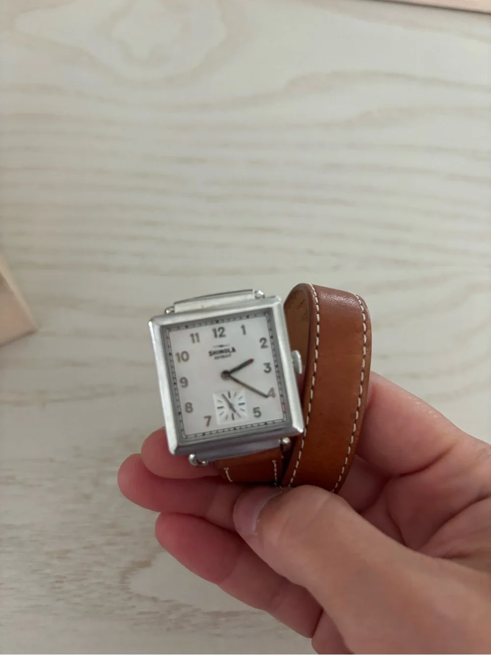 Shinola Women's Brown Double-Wrap Leather Watch with Silver Square Case